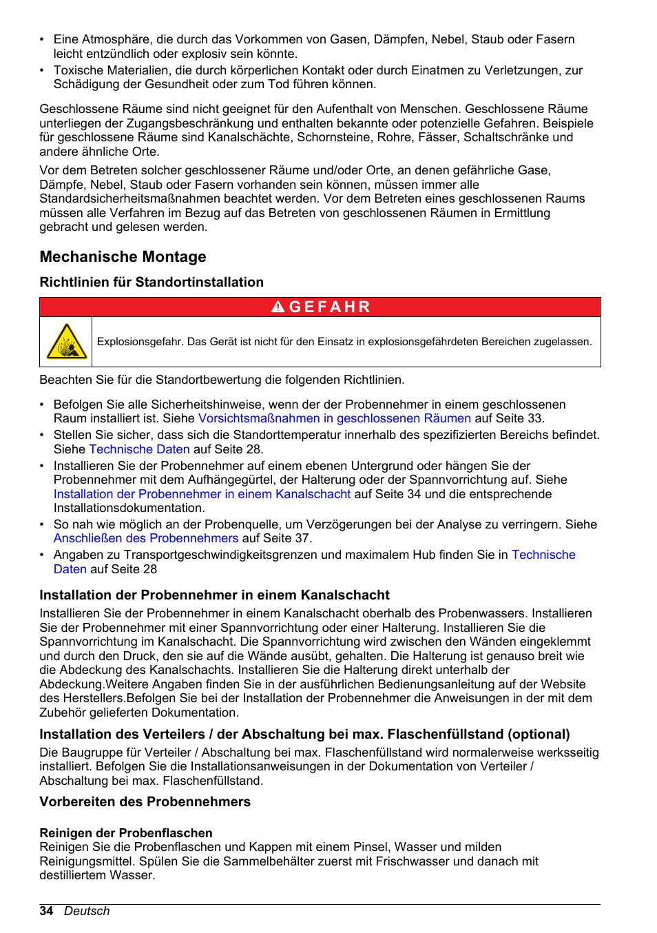 Mechanische montage, Richtlinien für standortinstallation, Vorbereiten des probennehmers | Reinigen der probenflaschen | Hach-Lange SD900 Basic User Manual User Manual | Page 34 / 390