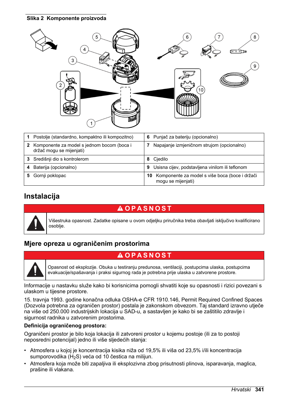 Instalacija, Mjere opreza u ograničenim prostorima, Na stranici | Slika 2, Ako neki od ovih elemenata nedostaje ili | Hach-Lange SD900 Basic User Manual User Manual | Page 341 / 390