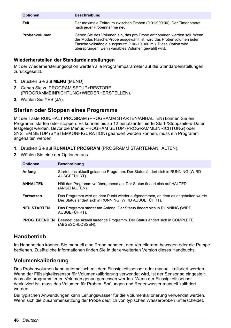 Wiederherstellen der standardeinstellungen, Starten oder stoppen eines programms, Handbetrieb | Volumenkalibrierung | Hach-Lange SD900 Basic User Manual User Manual | Page 46 / 390
