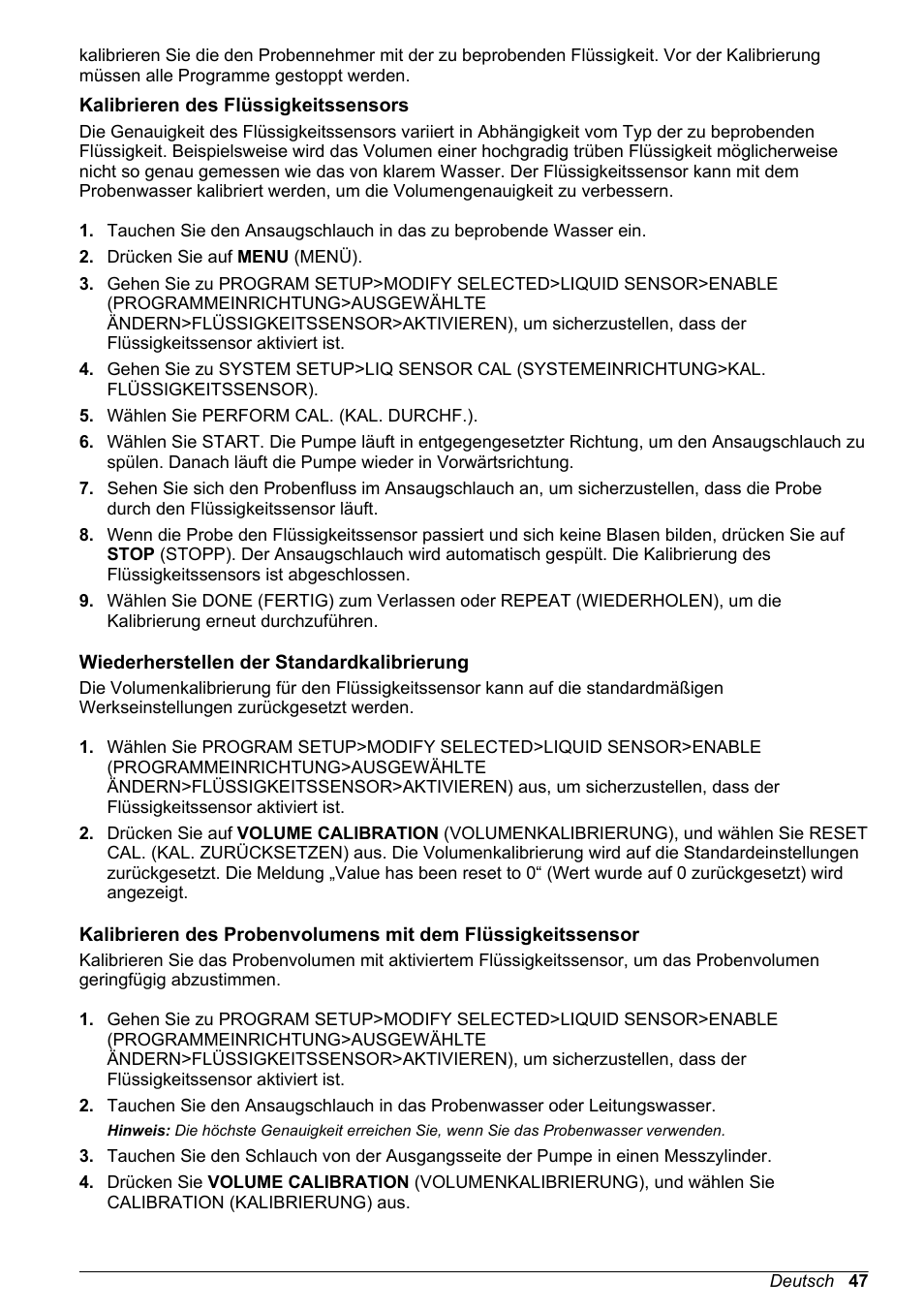 Kalibrieren des flüssigkeitssensors, Wiederherstellen der standardkalibrierung | Hach-Lange SD900 Basic User Manual User Manual | Page 47 / 390