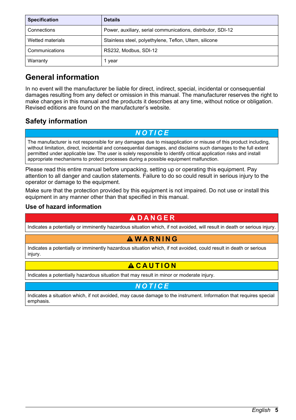 General information, Safety information, Use of hazard information | Hach-Lange SD900 Basic User Manual User Manual | Page 5 / 390