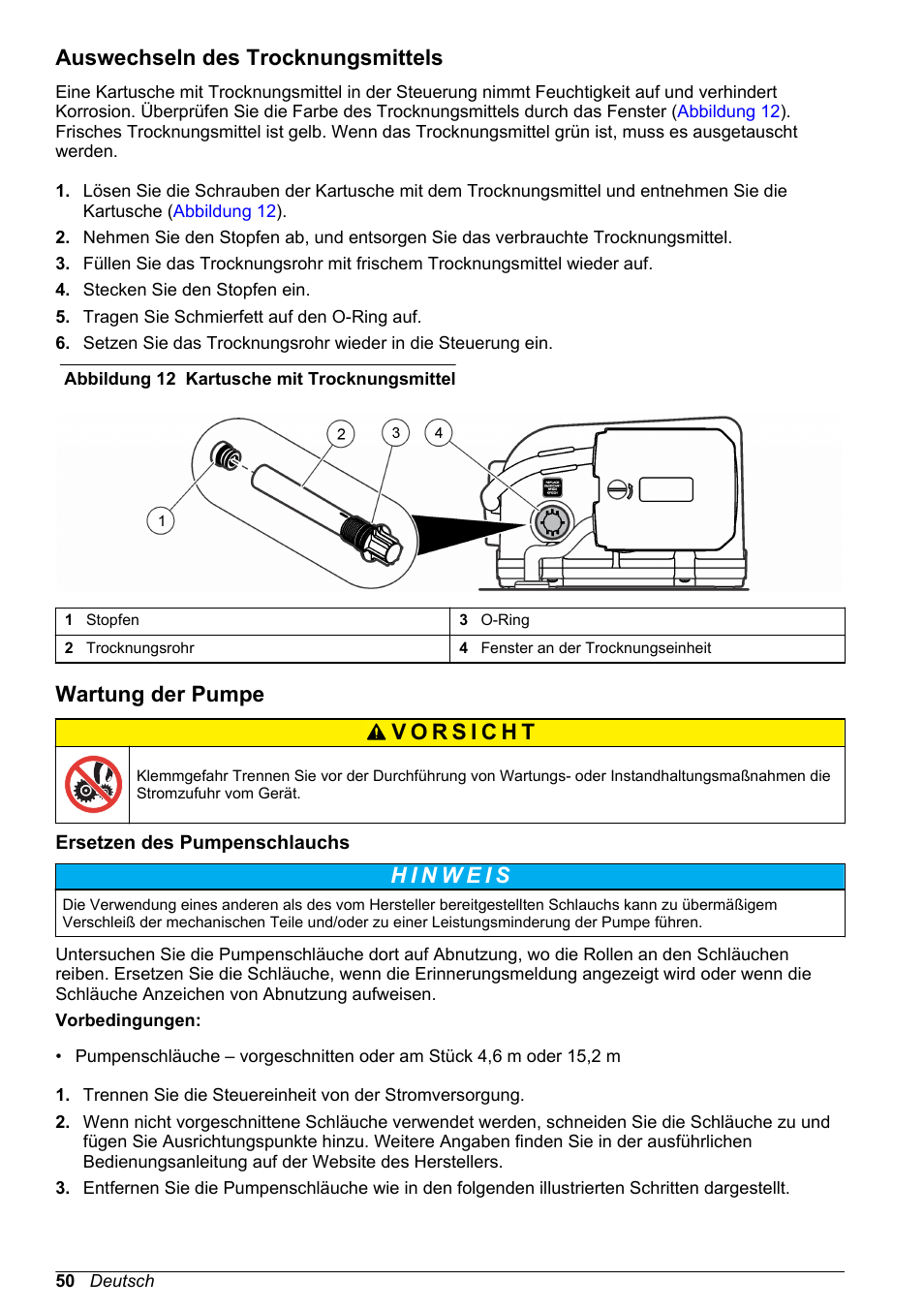 Auswechseln des trocknungsmittels, Wartung der pumpe, Ersetzen des pumpenschlauchs | Hach-Lange SD900 Basic User Manual User Manual | Page 50 / 390