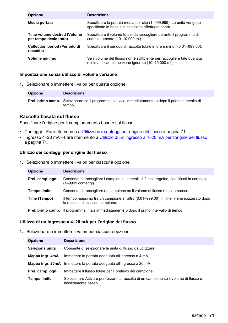 Impostazione senza utilizzo di volume variabile, Raccolta basata sul flusso, Utilizzo dei conteggi per origine del flusso | Basata su flusso—fare riferimento a | Hach-Lange SD900 Basic User Manual User Manual | Page 71 / 390