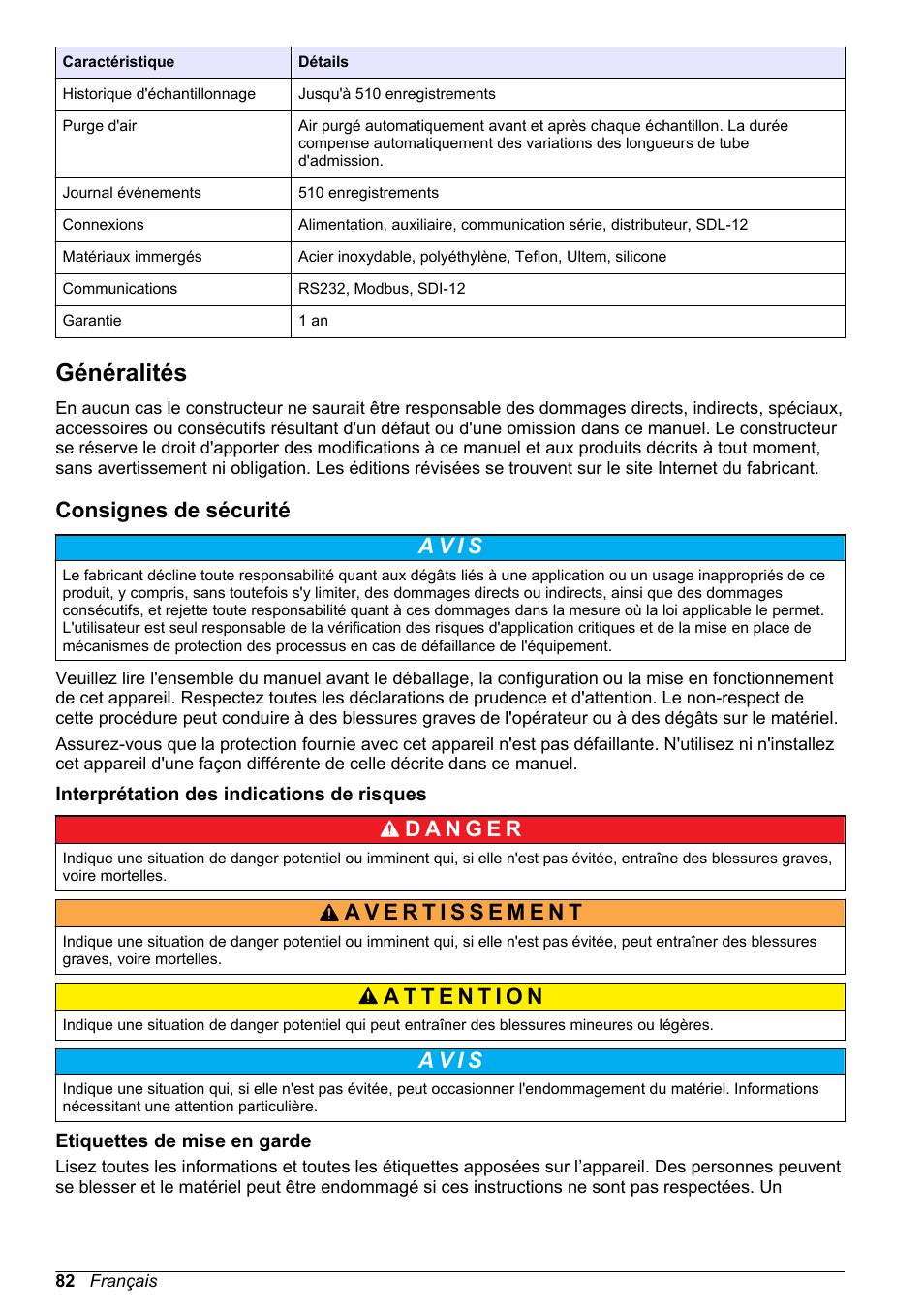 Généralités, Consignes de sécurité, Interprétation des indications de risques | Etiquettes de mise en garde, A v i s | Hach-Lange SD900 Basic User Manual User Manual | Page 82 / 390