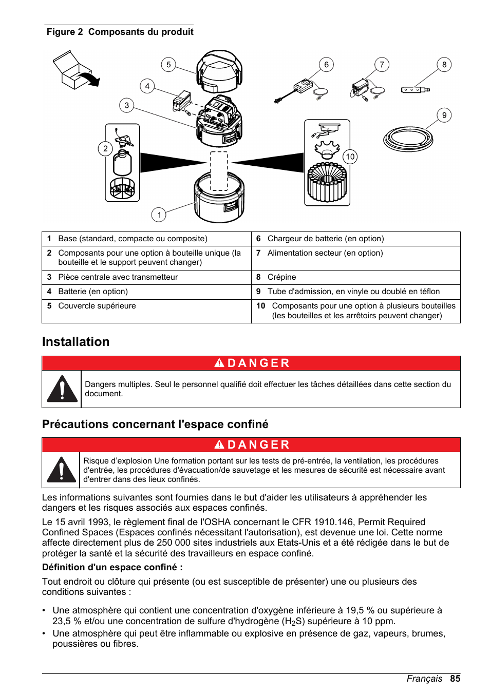 Installation, Précautions concernant l'espace confiné | Hach-Lange SD900 Basic User Manual User Manual | Page 85 / 390