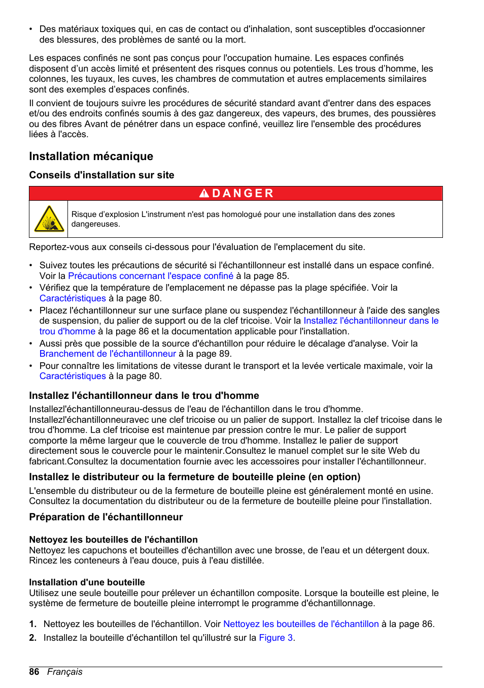 Installation mécanique, Conseils d'installation sur site, Installez l'échantillonneur dans le trou d'homme | Préparation de l'échantillonneur, Nettoyez les bouteilles de l'échantillon, Installation d'une bouteille | Hach-Lange SD900 Basic User Manual User Manual | Page 86 / 390