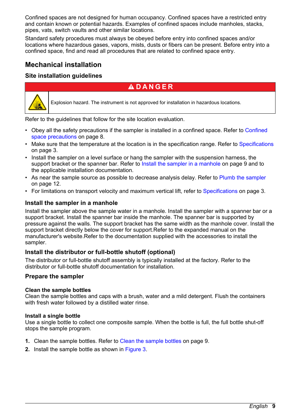 Mechanical installation, Site installation guidelines, Install the sampler in a manhole | Prepare the sampler, Clean the sample bottles, Install a single bottle | Hach-Lange SD900 Basic User Manual User Manual | Page 9 / 390