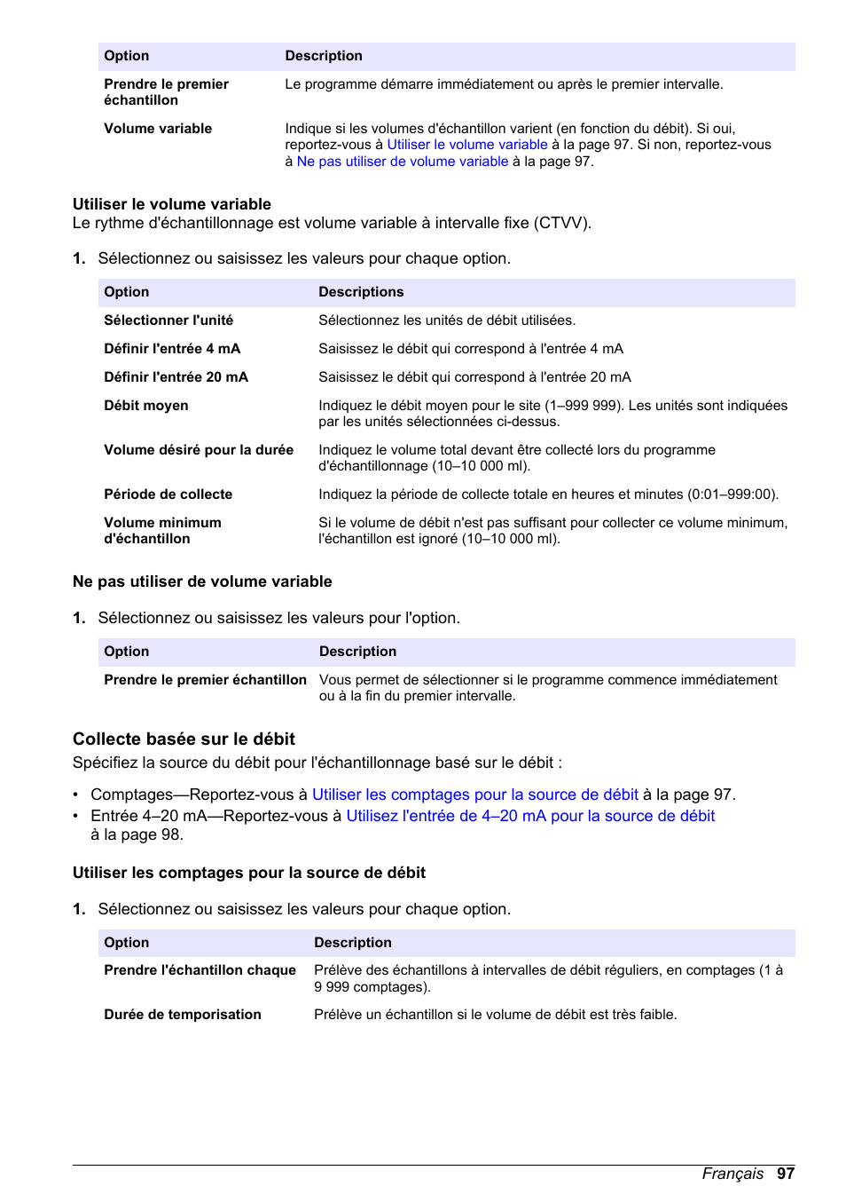 Utiliser le volume variable, Ne pas utiliser de volume variable, Collecte basée sur le débit | Utiliser les comptages pour la source de débit | Hach-Lange SD900 Basic User Manual User Manual | Page 97 / 390