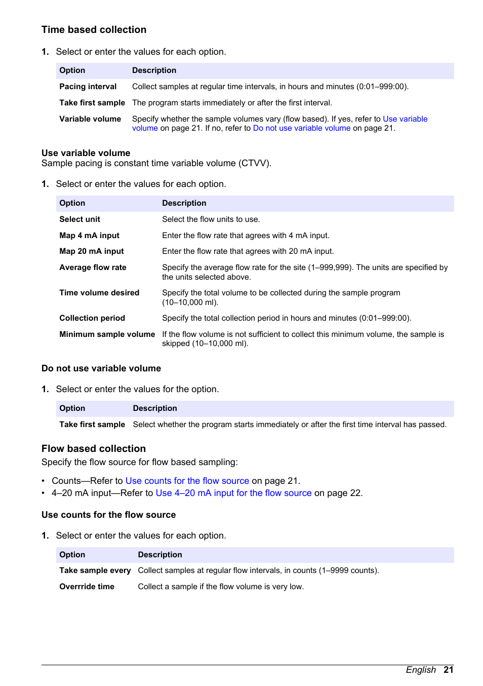 Time based collection, Use variable volume, Do not use variable volume | Flow based collection, Use counts for the flow source, Use variable volume do not use variable volume, Flow based—refer to | Hach-Lange SD900 User Manual User Manual | Page 23 / 50