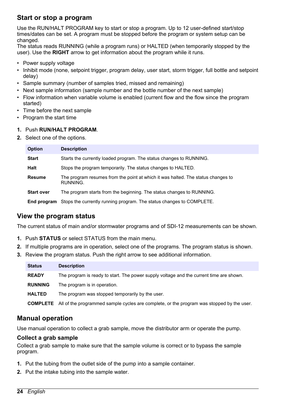 Start or stop a program, View the program status, Manual operation | Collect a grab sample | Hach-Lange SD900 User Manual User Manual | Page 26 / 50