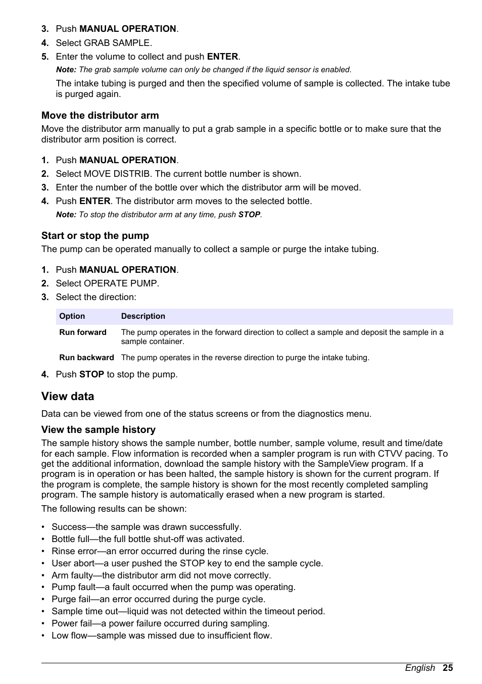 Move the distributor arm, Start or stop the pump, View data | View the sample history, Move the distributor arm start or stop the pump | Hach-Lange SD900 User Manual User Manual | Page 27 / 50