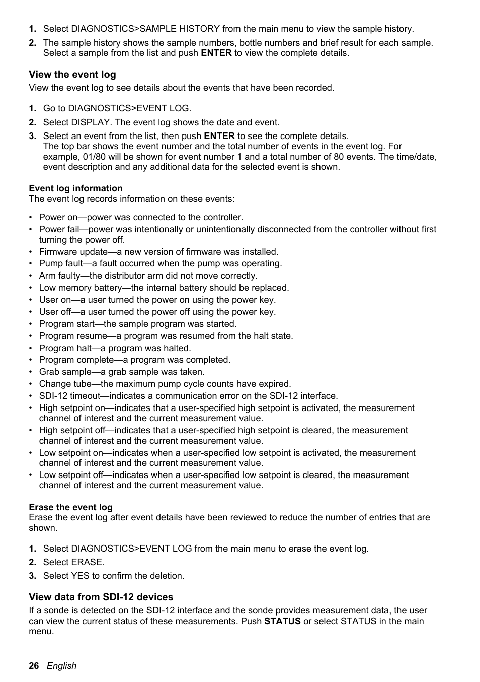 View the event log, Event log information, Erase the event log | View data from sdi-12 devices, Event log information erase the event log | Hach-Lange SD900 User Manual User Manual | Page 28 / 50