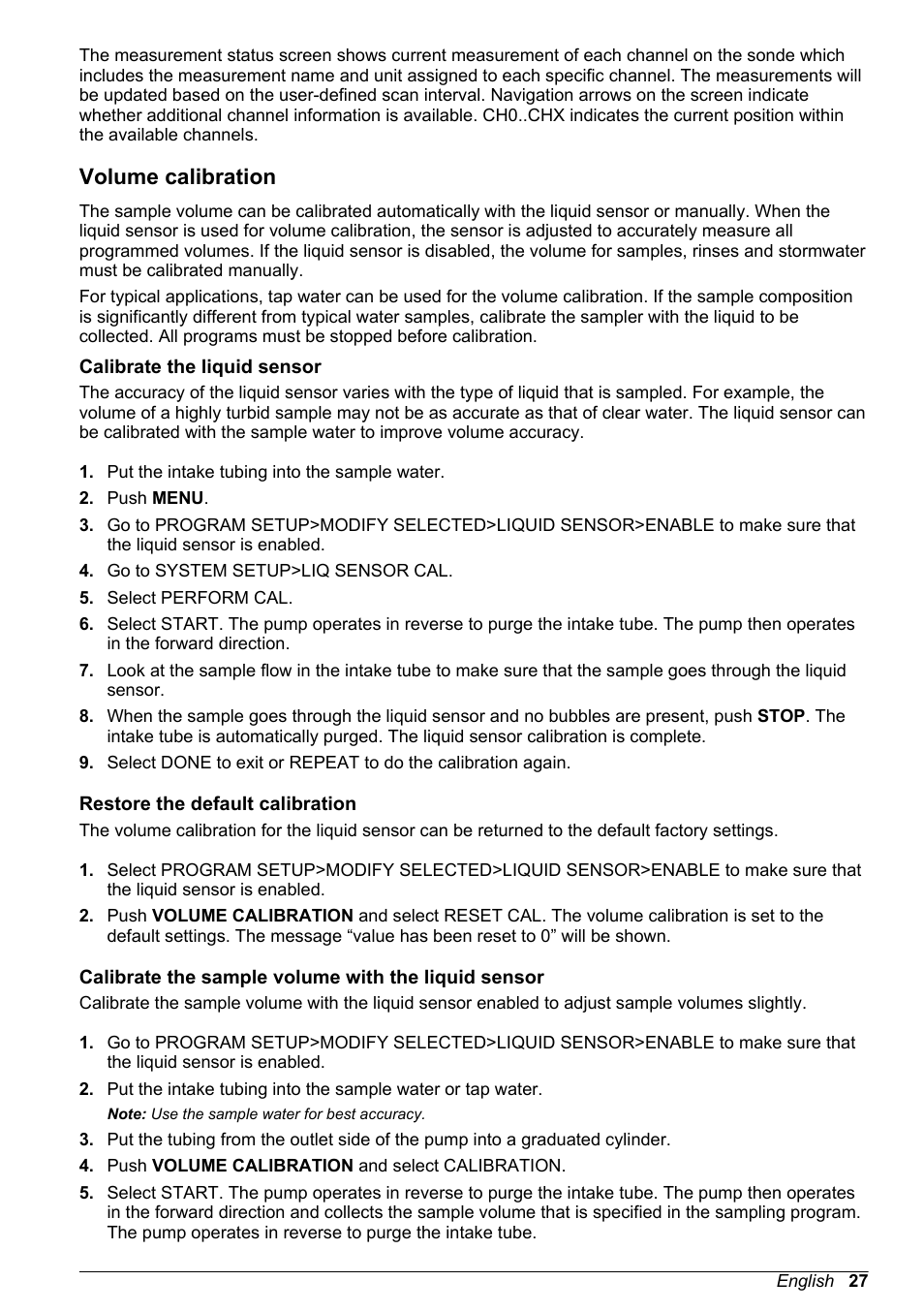 Volume calibration, Calibrate the liquid sensor, Restore the default calibration | Calibrate the sample volume with the liquid sensor | Hach-Lange SD900 User Manual User Manual | Page 29 / 50