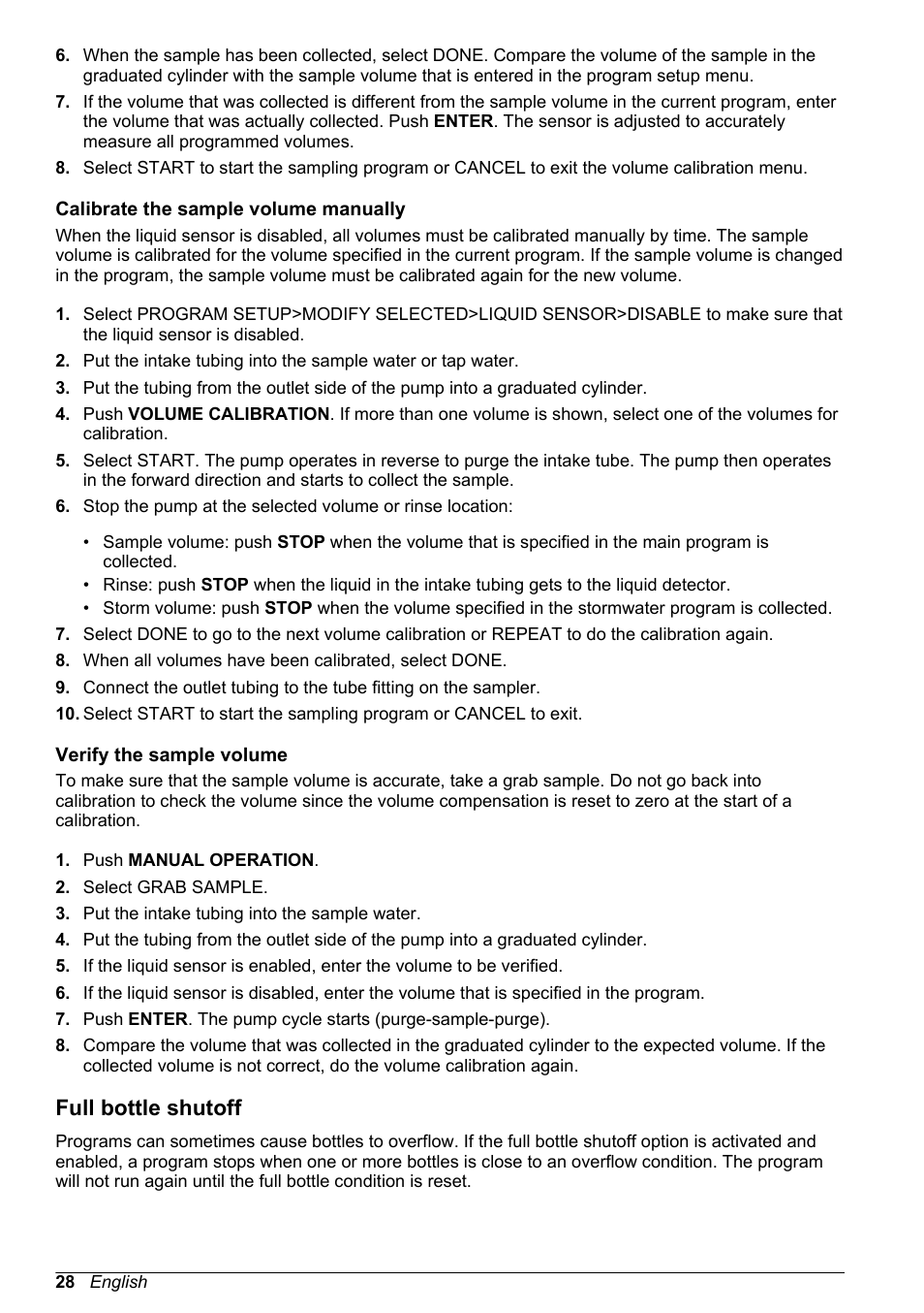 Calibrate the sample volume manually, Verify the sample volume, Full bottle shutoff | Hach-Lange SD900 User Manual User Manual | Page 30 / 50
