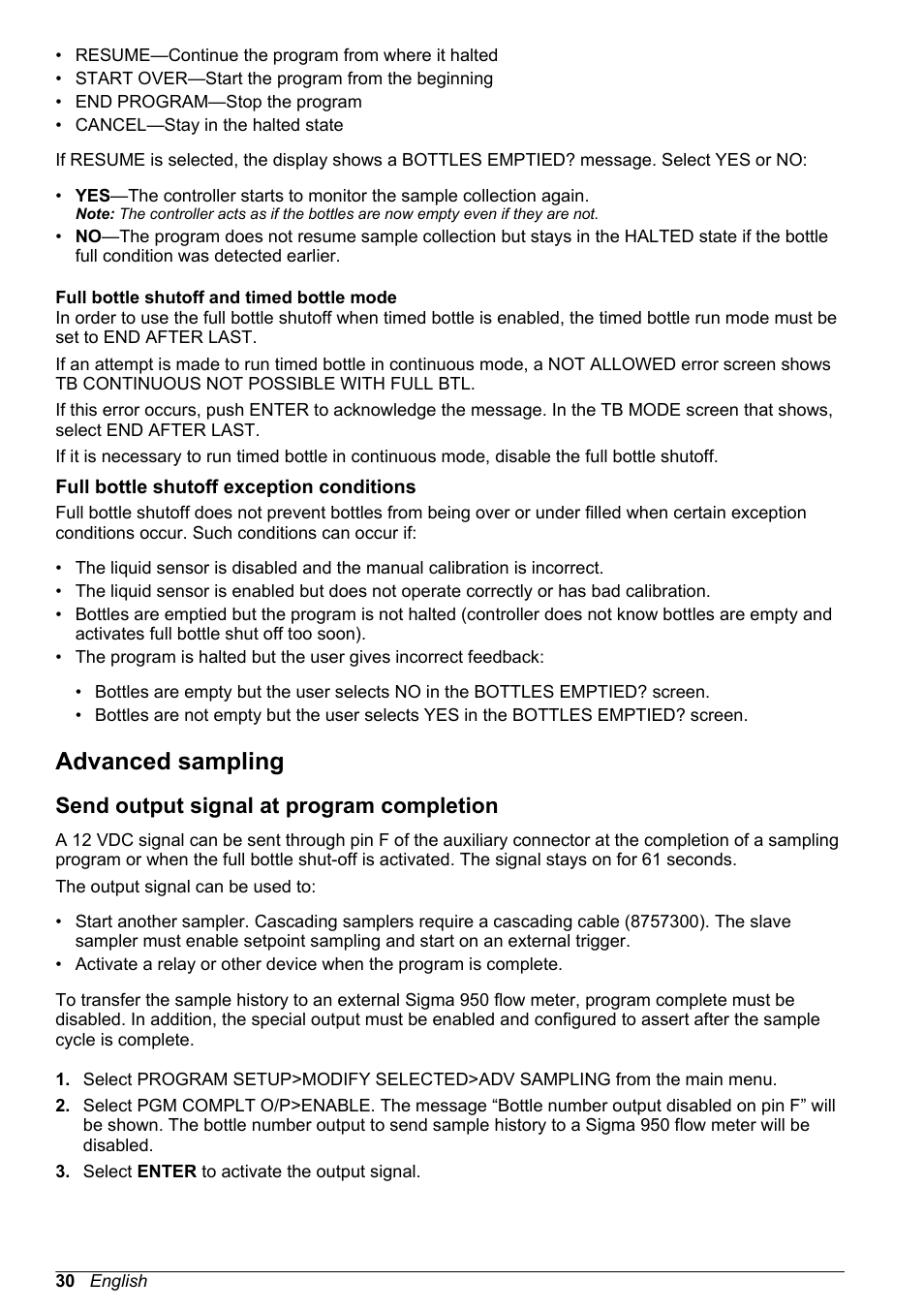 Full bottle shutoff and timed bottle mode, Full bottle shutoff exception conditions, Advanced sampling | Send output signal at program completion | Hach-Lange SD900 User Manual User Manual | Page 32 / 50