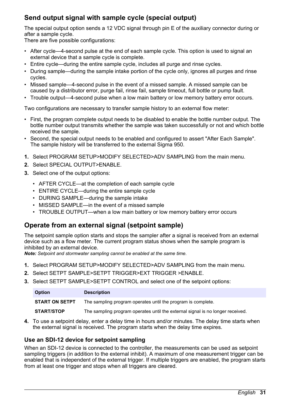 Operate from an external signal (setpoint sample), Use an sdi-12 device for setpoint sampling | Hach-Lange SD900 User Manual User Manual | Page 33 / 50