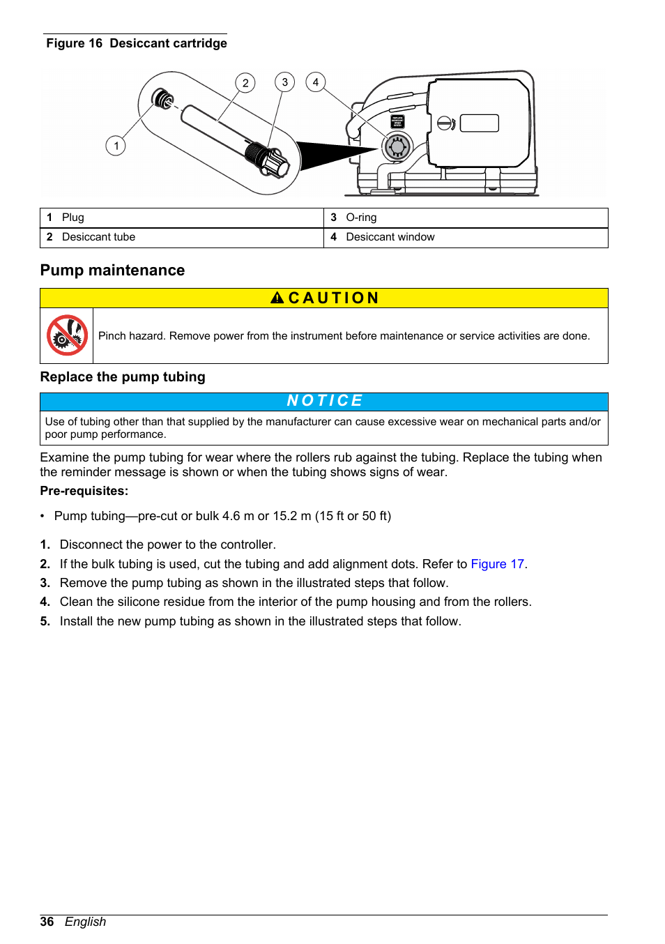 Pump maintenance, Replace the pump tubing, Figure 16 | Unscrew and remove the desiccant cartridge | Hach-Lange SD900 User Manual User Manual | Page 38 / 50