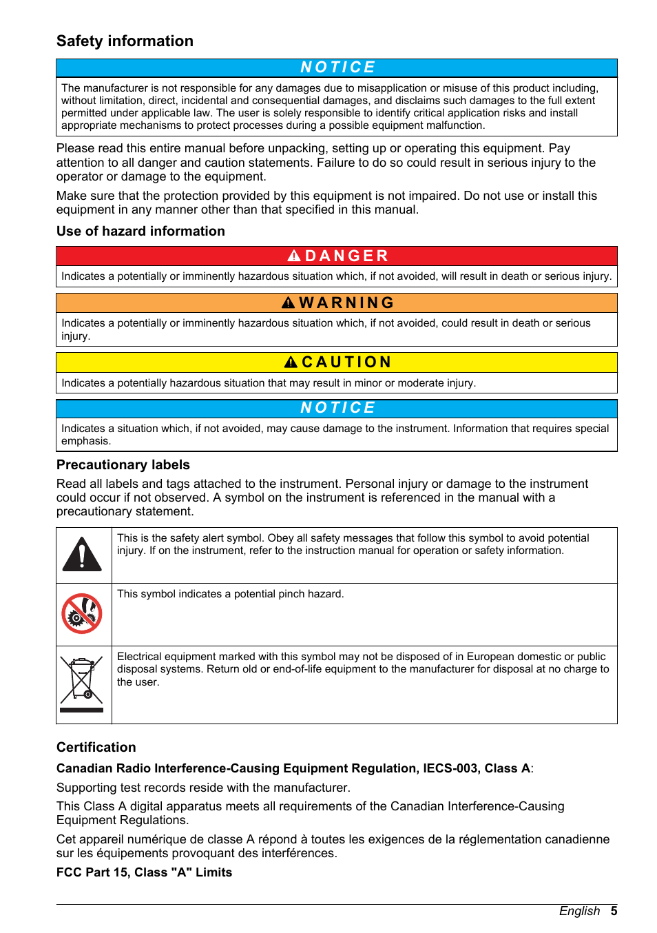 Safety information, Use of hazard information, Precautionary labels | Certification | Hach-Lange SD900 User Manual User Manual | Page 7 / 50