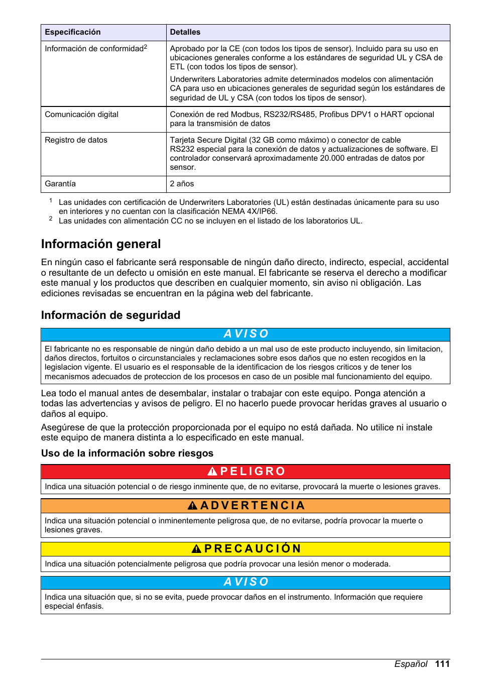 Información general, Información de seguridad, Uso de la información sobre riesgos | Hach-Lange SC 200 Basic User Manual User Manual | Page 111 / 638