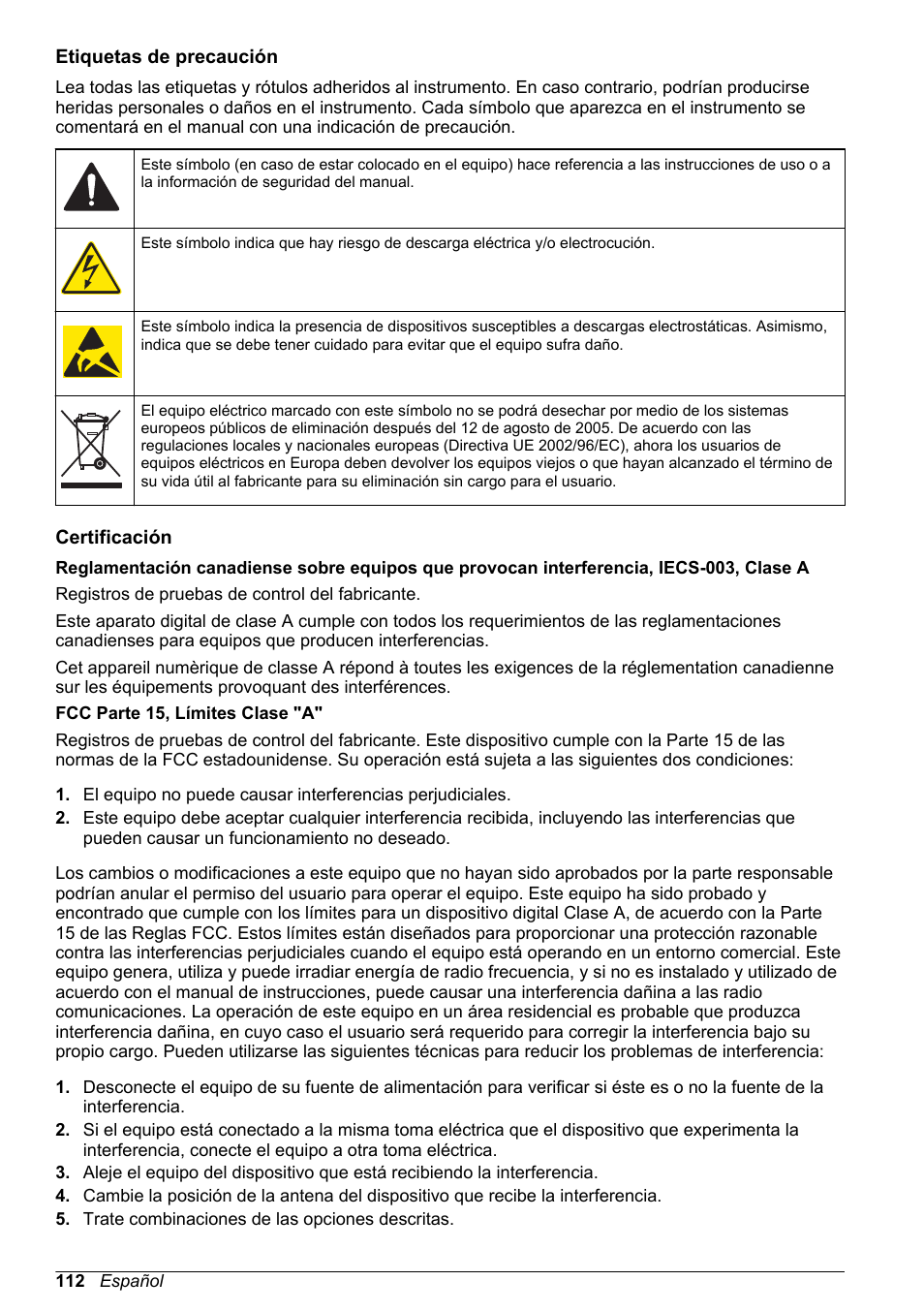Etiquetas de precaución, Certificación | Hach-Lange SC 200 Basic User Manual User Manual | Page 112 / 638