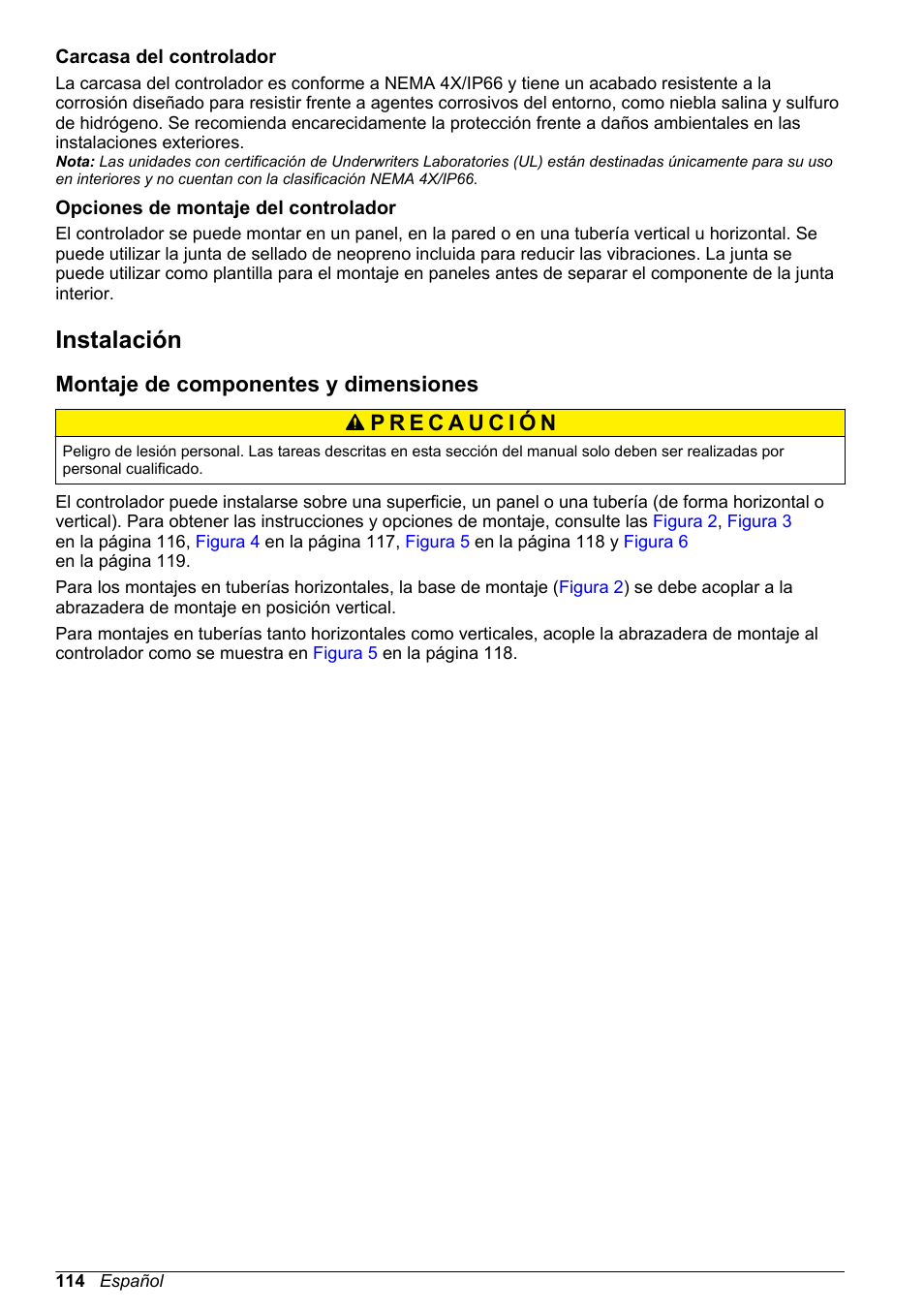 Carcasa del controlador, Opciones de montaje del controlador, Instalación | Montaje de componentes y dimensiones | Hach-Lange SC 200 Basic User Manual User Manual | Page 114 / 638