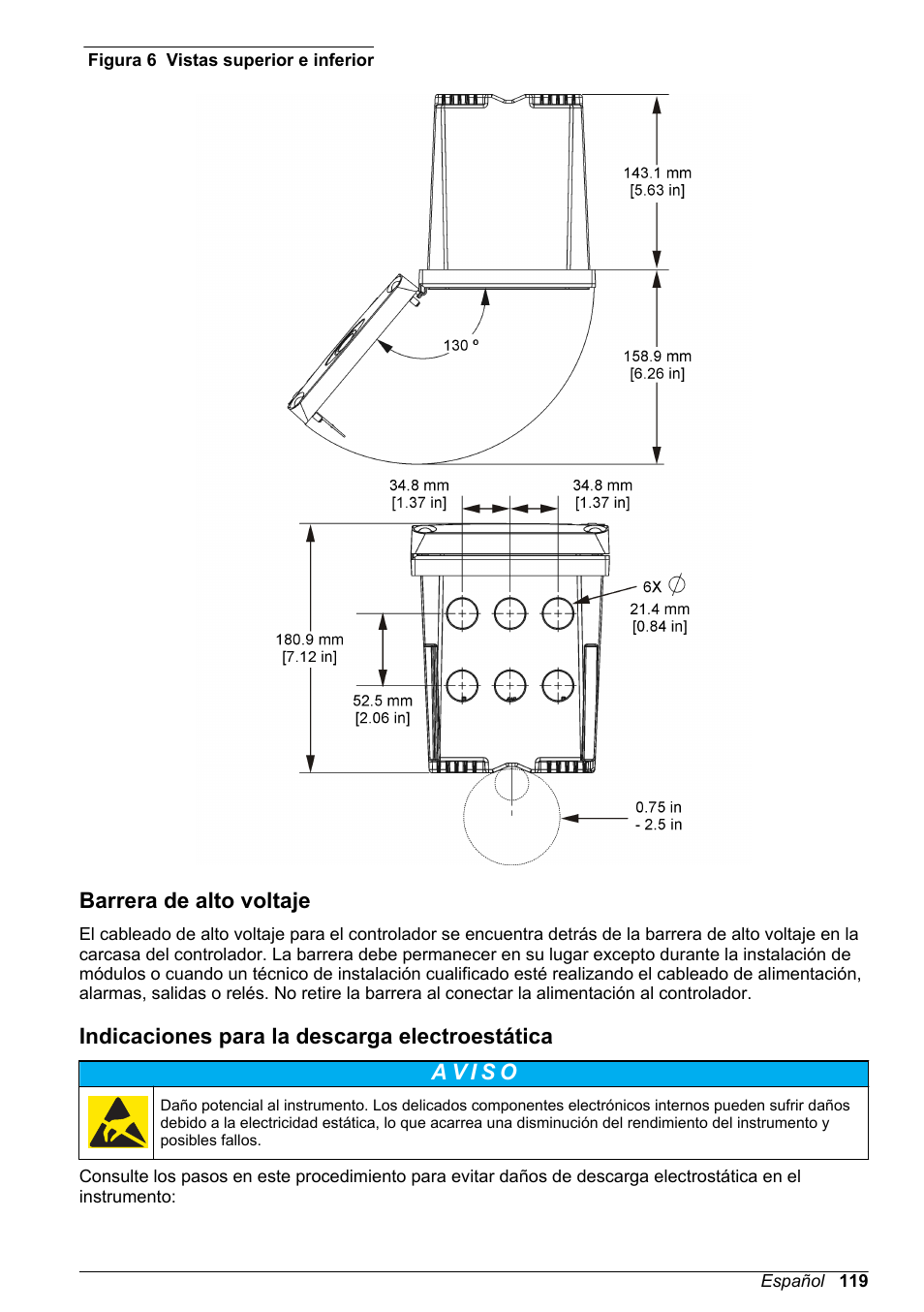 Barrera de alto voltaje, Indicaciones para la descarga electroestática, 118 y | Figura 6 | Hach-Lange SC 200 Basic User Manual User Manual | Page 119 / 638