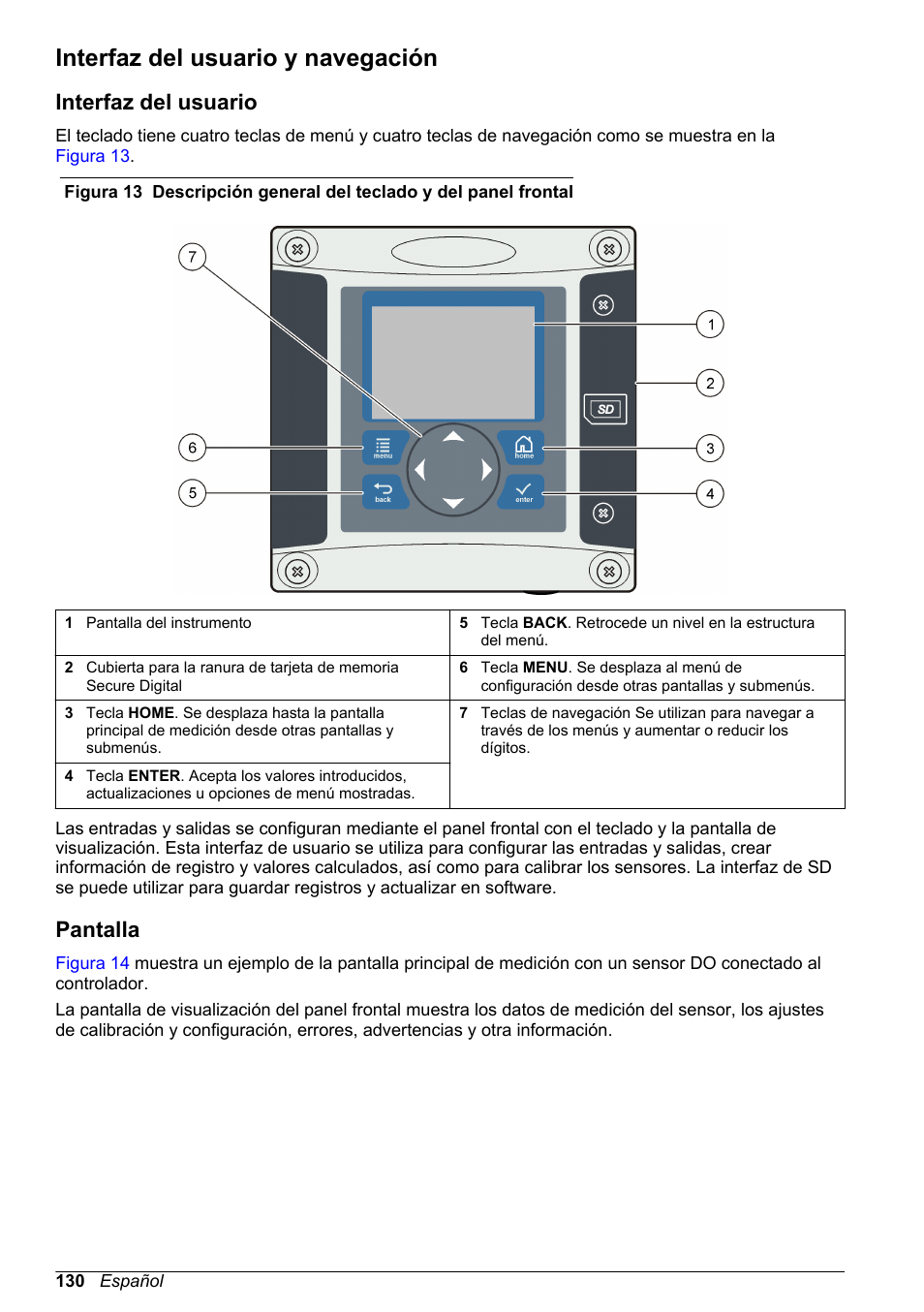 Interfaz del usuario y navegación, Interfaz del usuario, Pantalla | Hach-Lange SC 200 Basic User Manual User Manual | Page 130 / 638