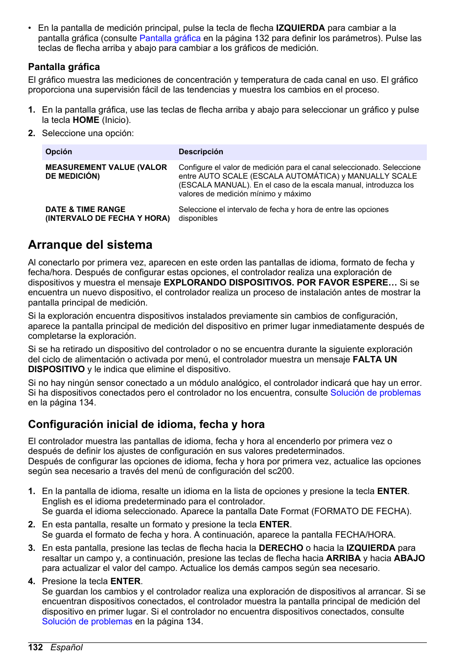 Pantalla gráfica, Arranque del sistema, Configuración inicial de idioma, fecha y hora | Hach-Lange SC 200 Basic User Manual User Manual | Page 132 / 638