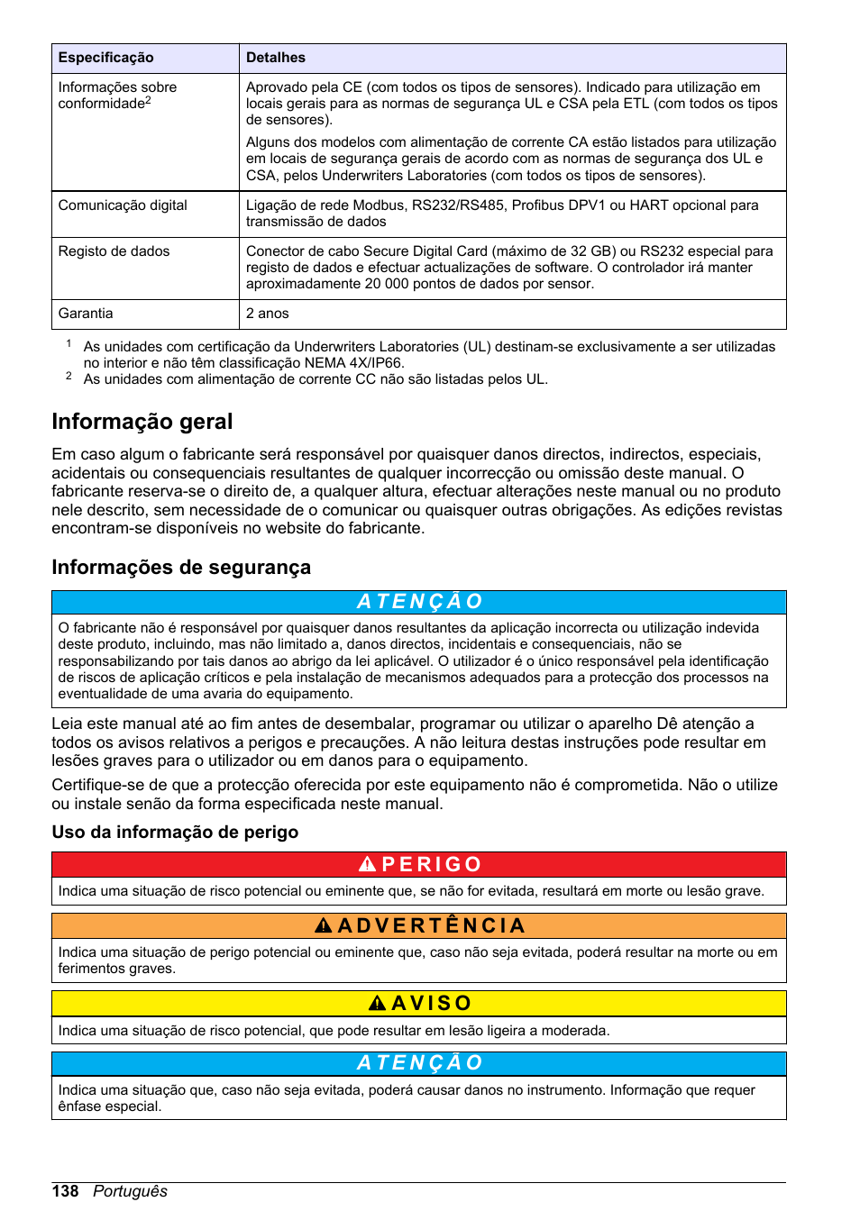 Informação geral, Informações de segurança, Uso da informação de perigo | Hach-Lange SC 200 Basic User Manual User Manual | Page 138 / 638