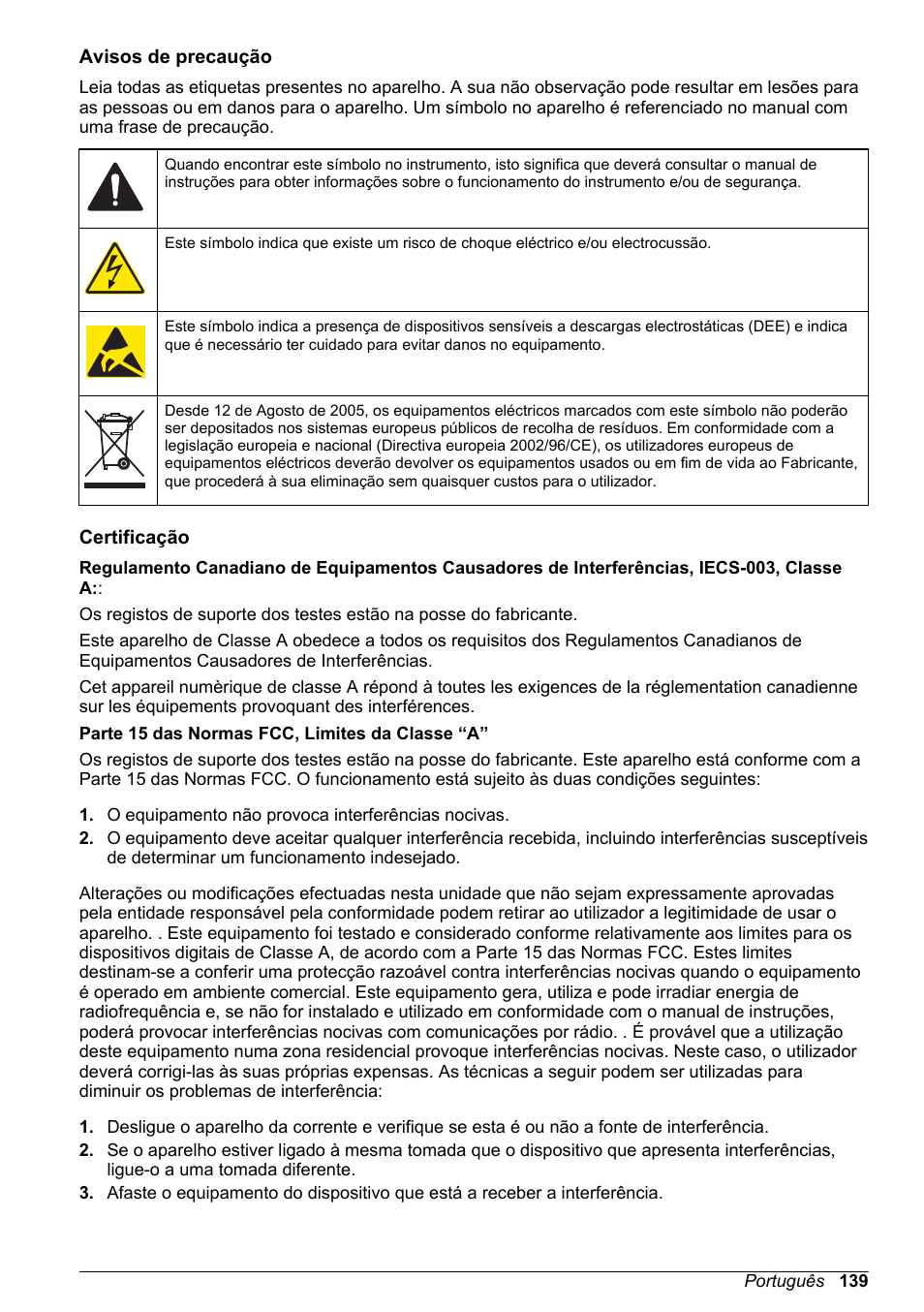 Avisos de precaução, Certificação | Hach-Lange SC 200 Basic User Manual User Manual | Page 139 / 638