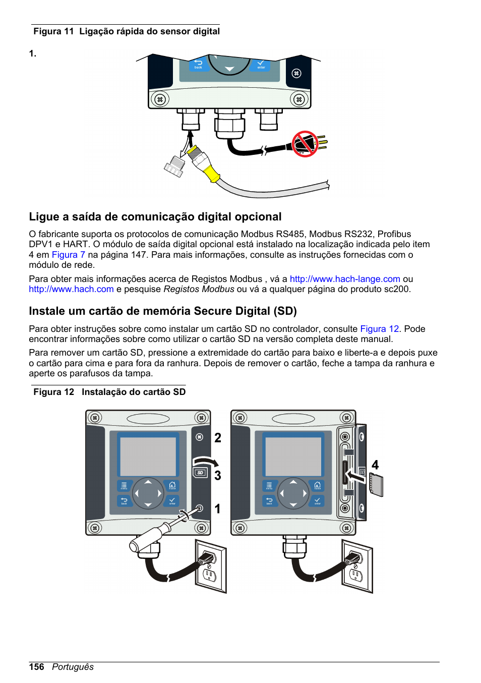 Ligue a saída de comunicação digital opcional, Instale um cartão de memória secure digital (sd), Figura 11 | Hach-Lange SC 200 Basic User Manual User Manual | Page 156 / 638