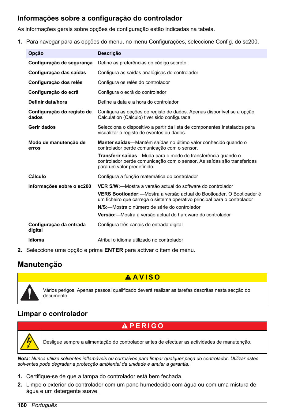 Informações sobre a configuração do controlador, Manutenção, Limpar o controlador | Hach-Lange SC 200 Basic User Manual User Manual | Page 160 / 638