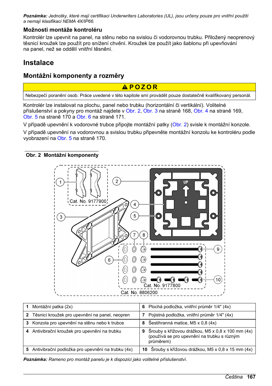 Možnosti montáže kontroléru, Instalace, Montážní komponenty a rozměry | Hach-Lange SC 200 Basic User Manual User Manual | Page 167 / 638