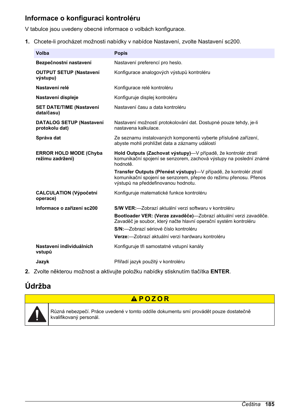 Informace o konfiguraci kontroléru, Údržba, Na straně 185 | Hach-Lange SC 200 Basic User Manual User Manual | Page 185 / 638