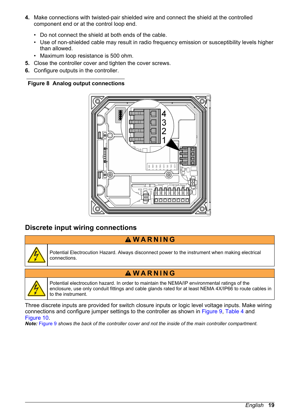 Discrete input wiring connections, Two isolated analog outputs (1 and 2) are provided, Figure 8 | Note | Hach-Lange SC 200 Basic User Manual User Manual | Page 19 / 638
