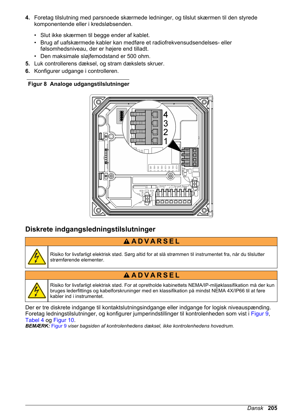 Diskrete indgangsledningstilslutninger, Figur 8, Bemærk | Hach-Lange SC 200 Basic User Manual User Manual | Page 205 / 638