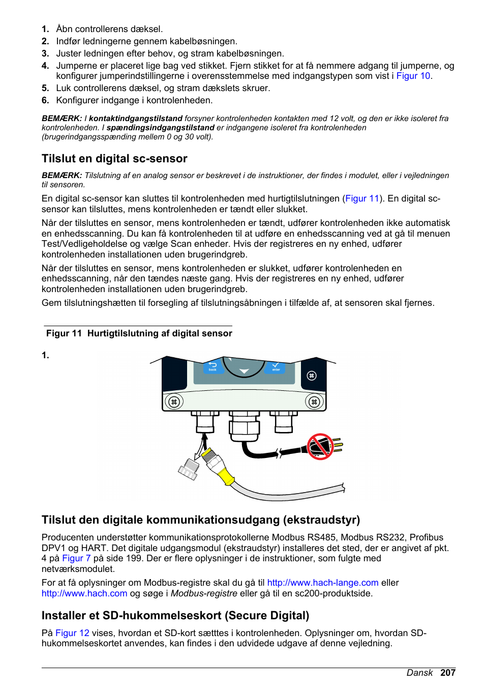 Tilslut en digital sc-sensor, Installer et sd-hukommelseskort (secure digital) | Hach-Lange SC 200 Basic User Manual User Manual | Page 207 / 638