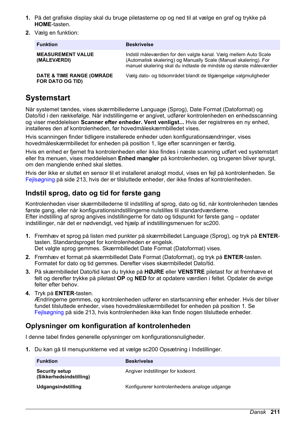 Systemstart, Indstil sprog, dato og tid for første gang, Oplysninger om konfiguration af kontrolenheden | Hach-Lange SC 200 Basic User Manual User Manual | Page 211 / 638