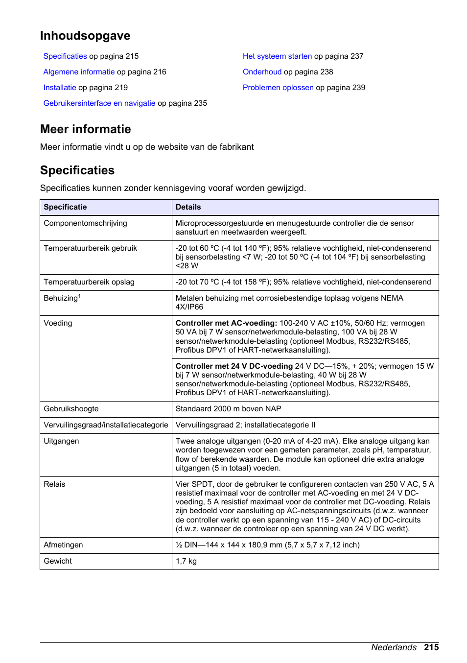 Basisgebruikershandleiding, Inhoudsopgave, Meer informatie | Specificaties, Nederlands | Hach-Lange SC 200 Basic User Manual User Manual | Page 215 / 638