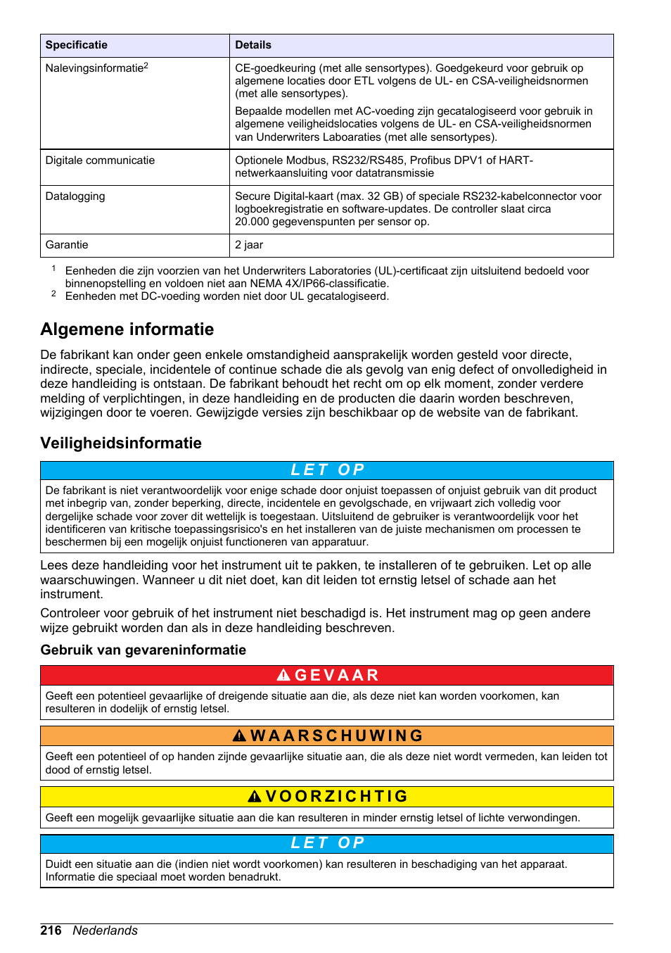 Algemene informatie, Veiligheidsinformatie, Gebruik van gevareninformatie | Hach-Lange SC 200 Basic User Manual User Manual | Page 216 / 638