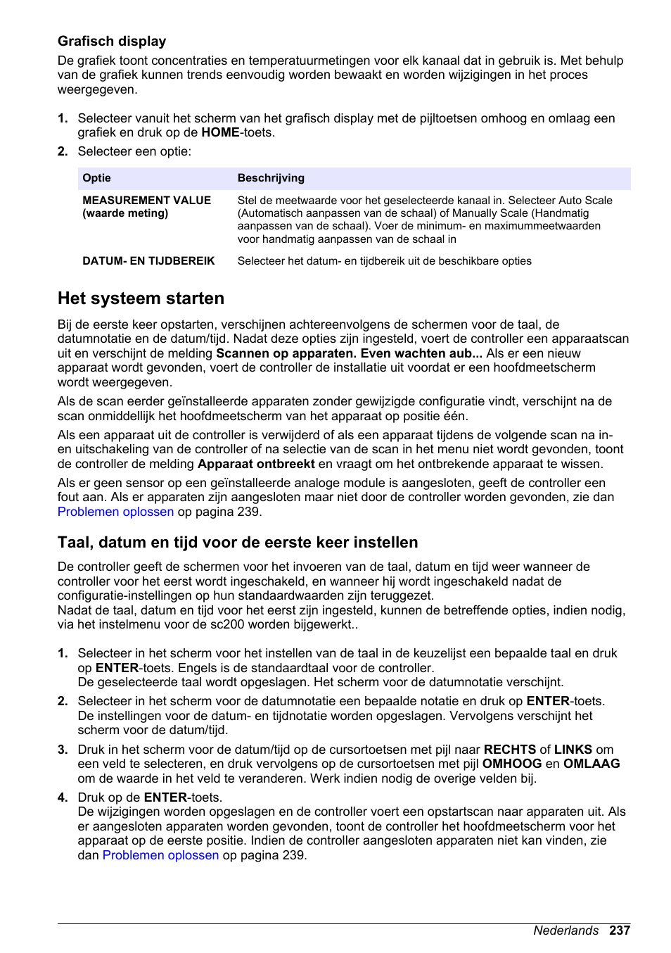 Grafisch display, Het systeem starten, Taal, datum en tijd voor de eerste keer instellen | Hach-Lange SC 200 Basic User Manual User Manual | Page 237 / 638