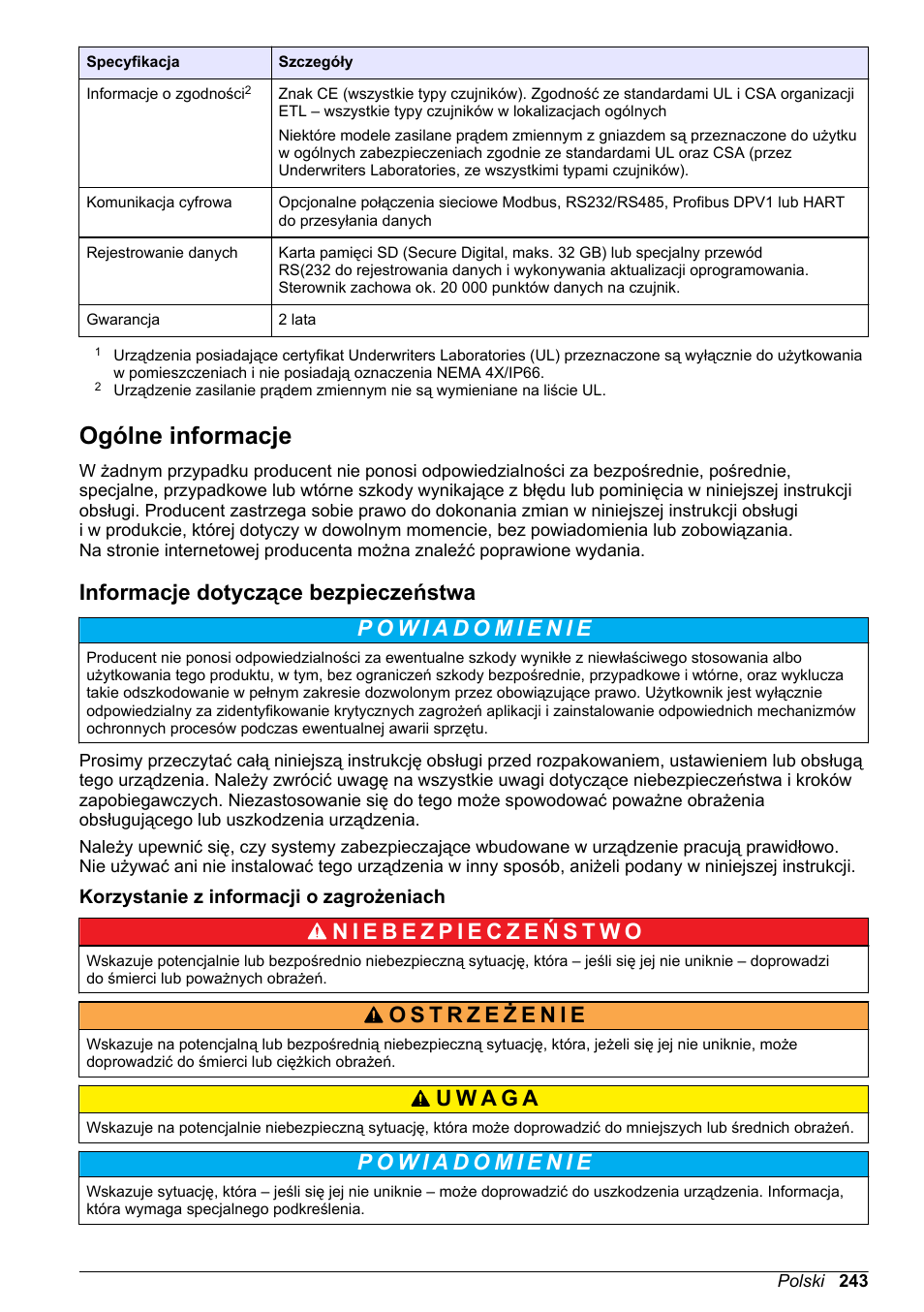 Ogólne informacje, Informacje dotyczące bezpieczeństwa, Korzystanie z informacji o zagrożeniach | Hach-Lange SC 200 Basic User Manual User Manual | Page 243 / 638