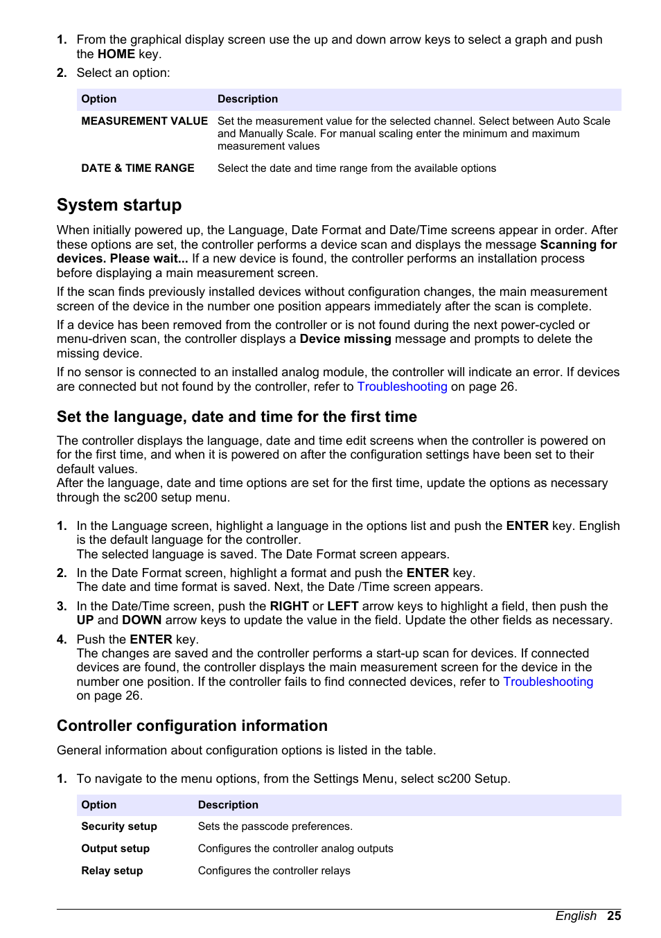 System startup, Set the language, date and time for the first time, Controller configuration information | Hach-Lange SC 200 Basic User Manual User Manual | Page 25 / 638