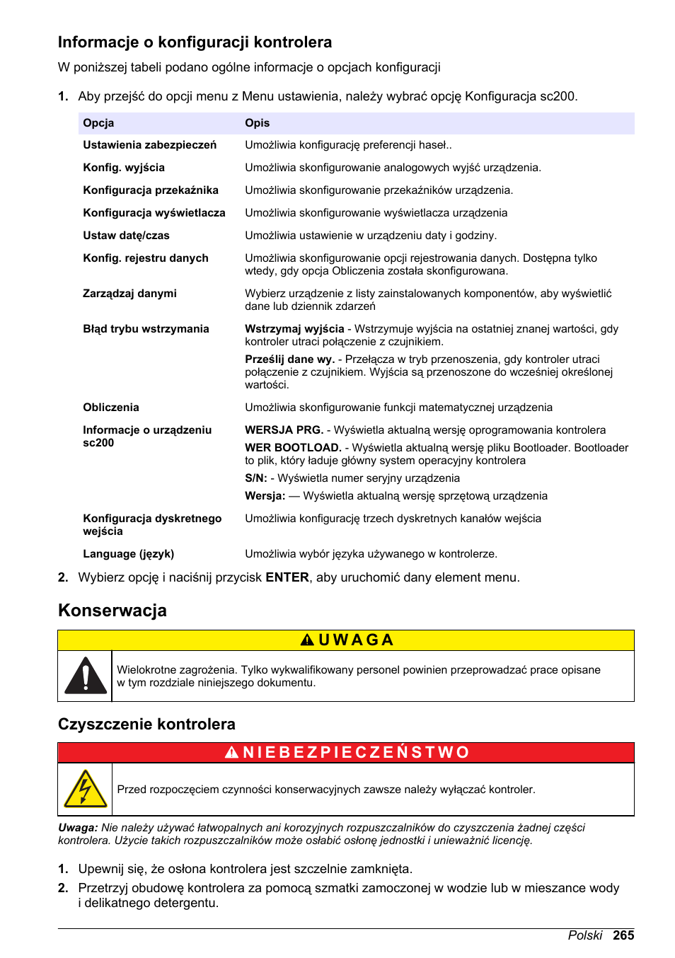 Informacje o konfiguracji kontrolera, Konserwacja, Czyszczenie kontrolera | Hach-Lange SC 200 Basic User Manual User Manual | Page 265 / 638