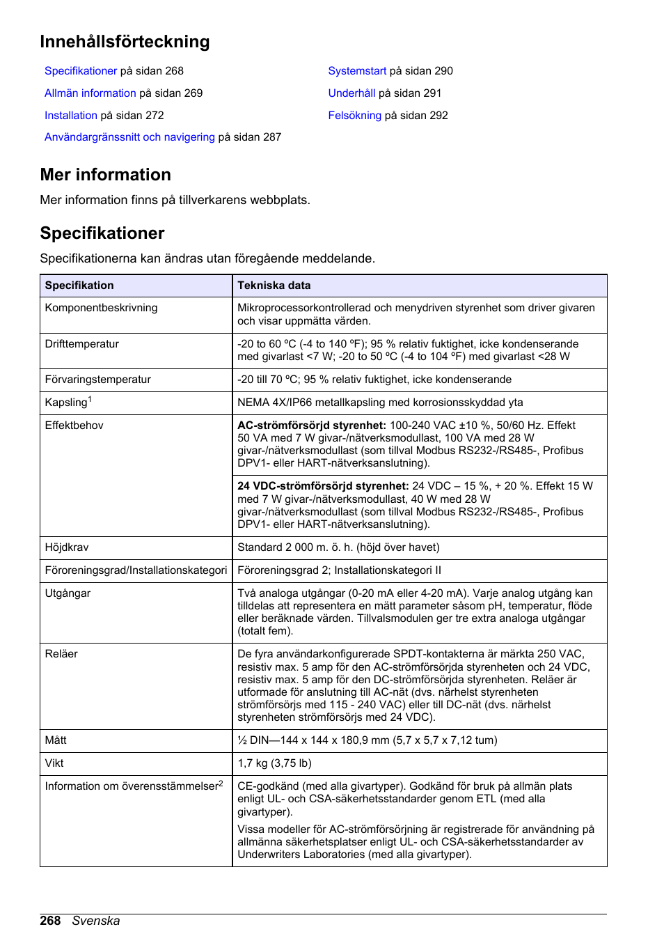 Grundläggande bruksanvisning, Innehållsförteckning, Mer information | Specifikationer, Svenska | Hach-Lange SC 200 Basic User Manual User Manual | Page 268 / 638