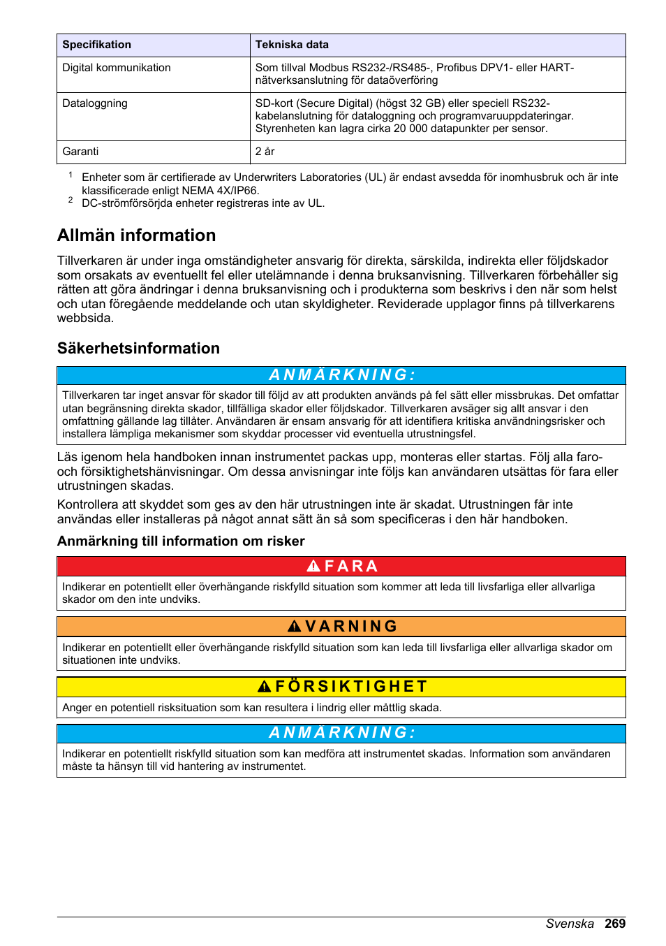 Allmän information, Säkerhetsinformation, Anmärkning till information om risker | På sidan 269, F a r a | Hach-Lange SC 200 Basic User Manual User Manual | Page 269 / 638