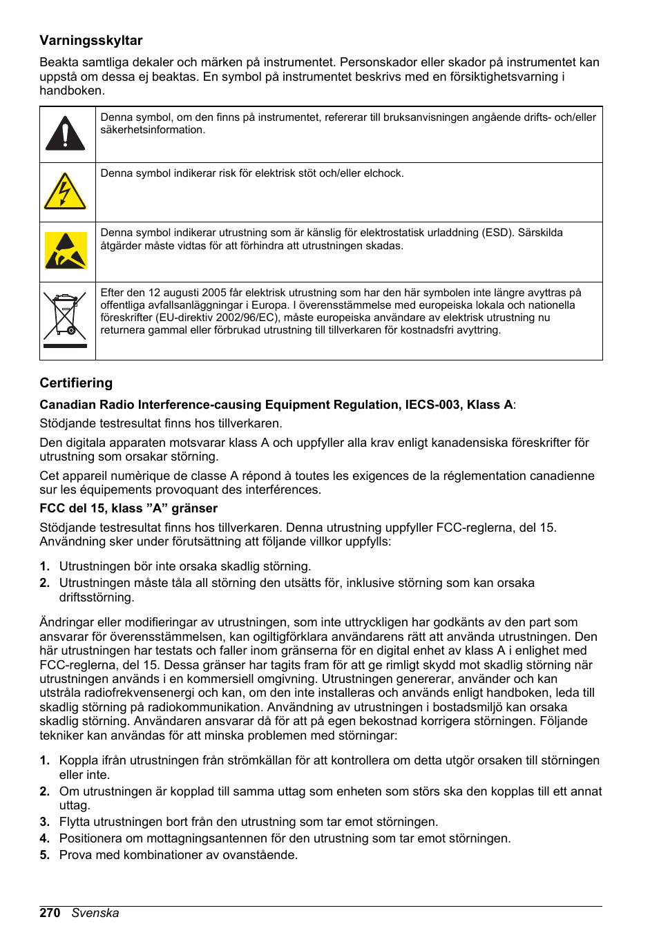 Varningsskyltar, Certifiering | Hach-Lange SC 200 Basic User Manual User Manual | Page 270 / 638