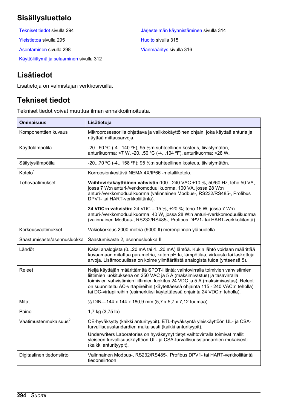 Peruskäyttöohje, Sisällysluettelo, Lisätiedot | Tekniset tiedot, Suomi | Hach-Lange SC 200 Basic User Manual User Manual | Page 294 / 638