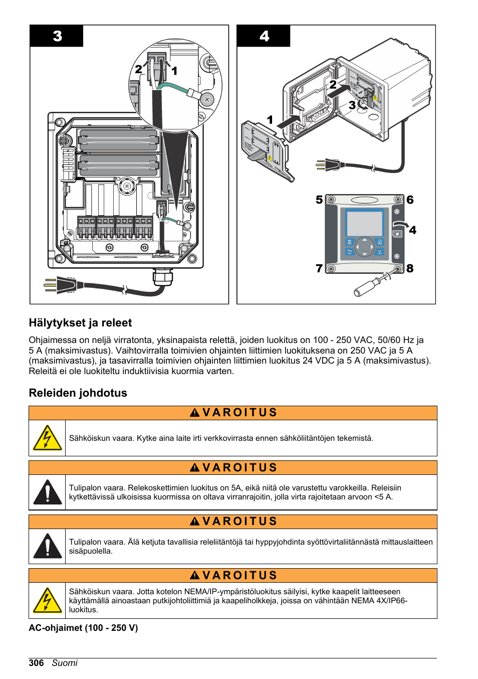 Hälytykset ja releet, Releiden johdotus | Hach-Lange SC 200 Basic User Manual User Manual | Page 306 / 638