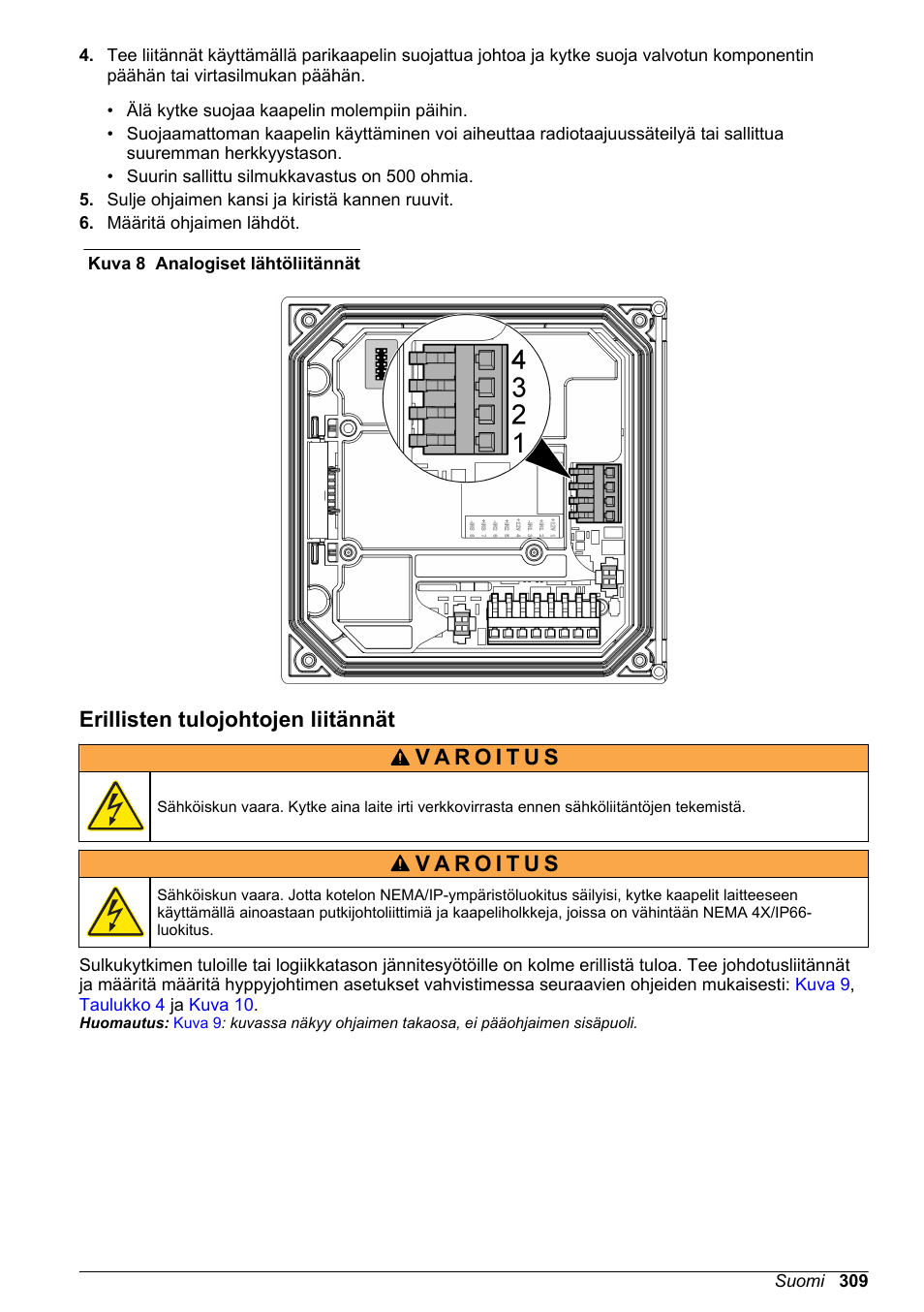 Erillisten tulojohtojen liitännät, Kuva 8, Näitä lähtöliitäntöjä käytetään | Kytke johtoliitännät ohjaimeen, ks, Huomautus | Hach-Lange SC 200 Basic User Manual User Manual | Page 309 / 638